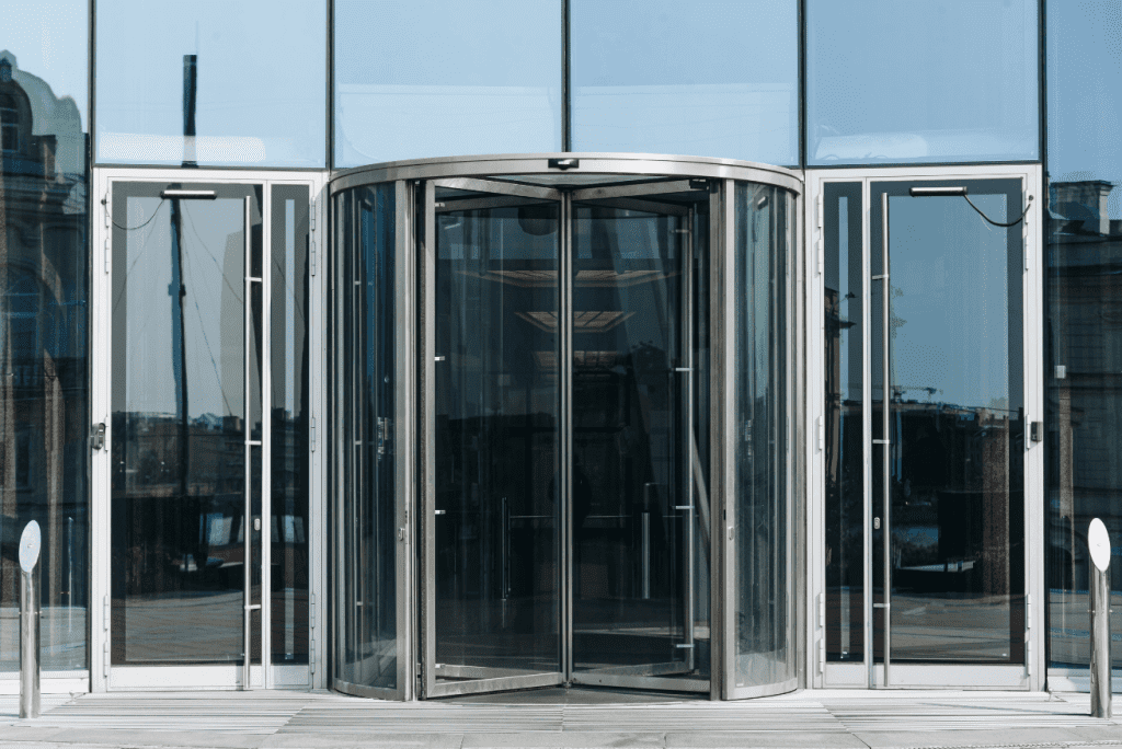 Stalwart Security automated building entry system with revolving doors for access control."