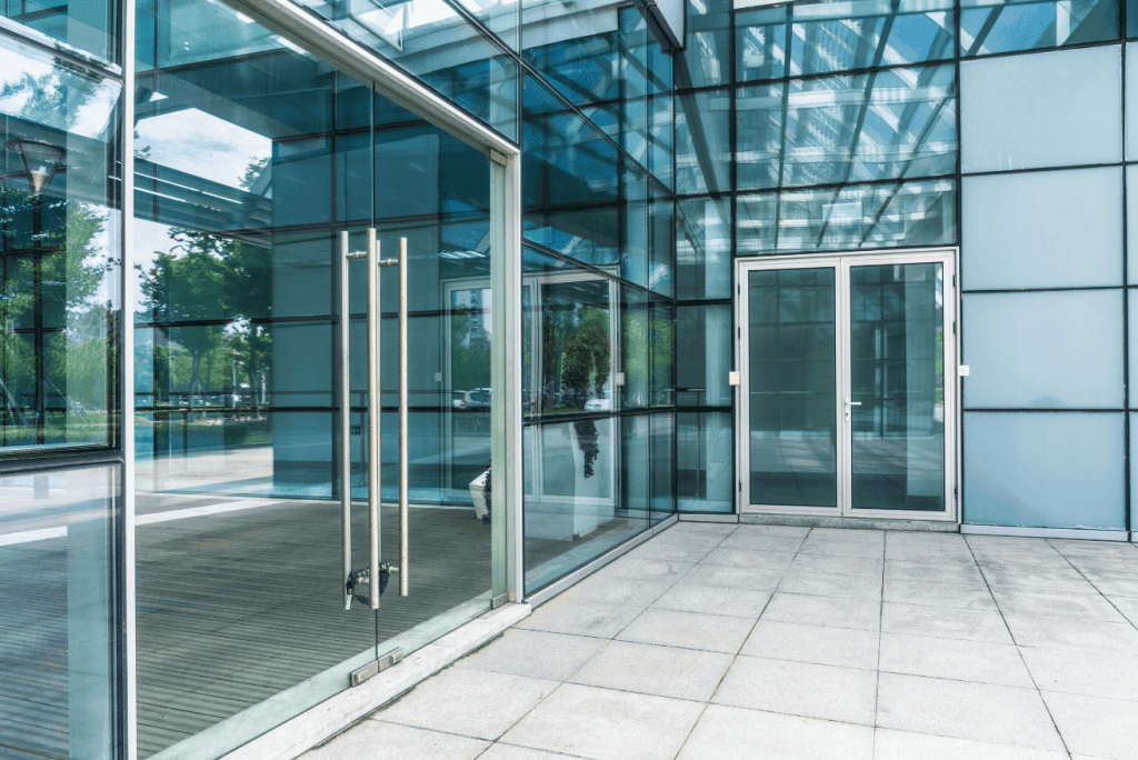 Secure automated glass doors providing controlled access to commercial buildings in Ireland.
