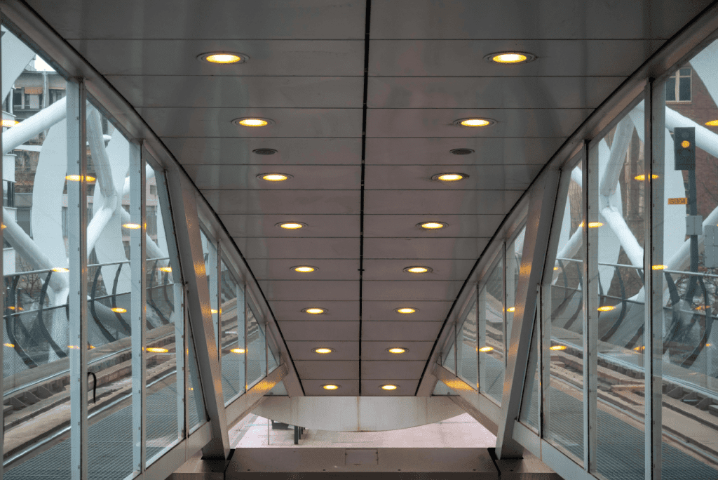 Enclosed walkway in a commercial building secured by Stalwart Security intrusion detection and alarm systems.